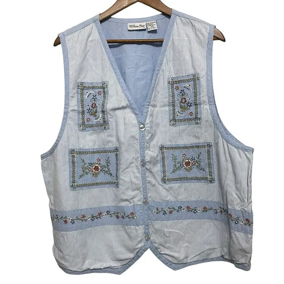 Vintage Willow Bay Blue Floral Embroidered Button Front Vest Cottagecore Size 2X - Picture 1 of 5